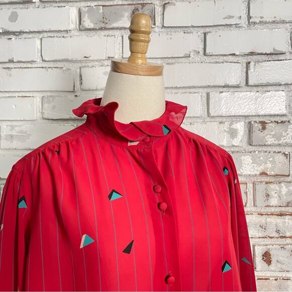 Vintage Red Teal Geometric Print Ruffle Sheer Long Sleeve Gathered Shoulder Top - Picture 3 of 11